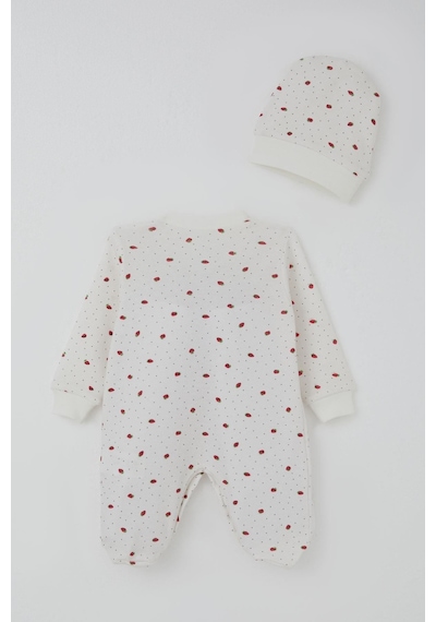 Breeze Kız Bebek Patikli Tulum Çilek Desenli 0-6 Ay, Ekru