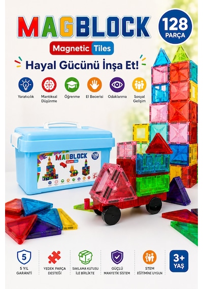 128 Parça Tamamı Mıknatıslı Yapı Blokları - Saklama Kutulu Oyuncak - 5 Yıl Garanti - Eğitici Oyuncak