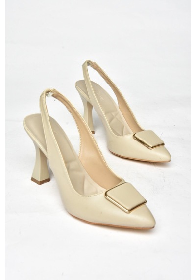 Fox Shoes P250148209 Bej Tokalı Kalın Topuklu Kadın Ayakkabı Bej