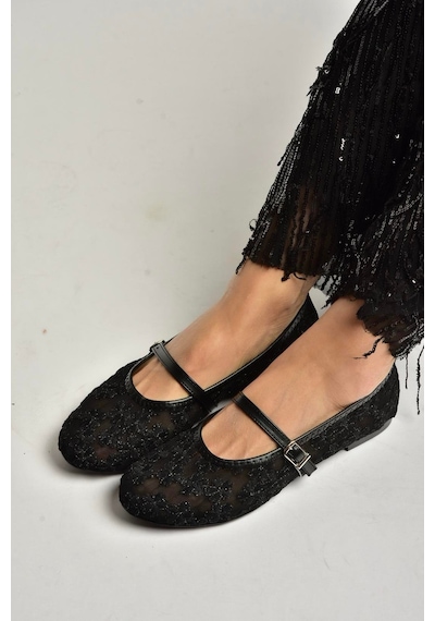 Fox Shoes Y726711415 Siyah File Çiçek Motif İşlemeli Kadın Babet Siyah