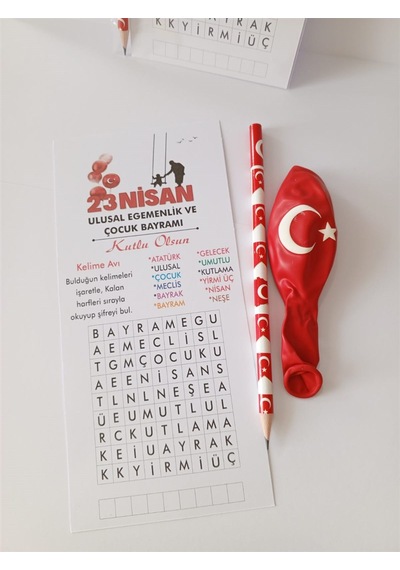 Farklı Market 23 Nisan Kelime Avı Türk Bayraklı Balon Ve Kalem 25 Adet Çok Renkli
