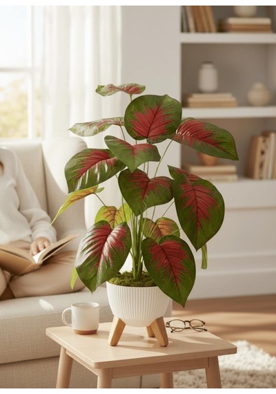 Yapay Çiçek Salon Bitkisi Kızıl Difenbahya 70cm 18 Yaprak Beyaz Zigon Saksıda Yeşil
