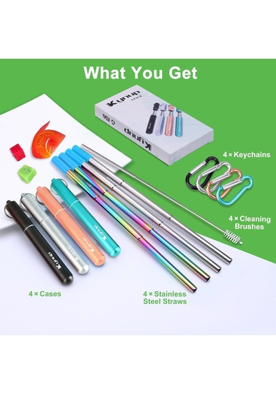 4'lü Tekrar Kullanılabilir Pipet Seti, Paslanmaz Çelik Pipet, Metal Pipet, Metal Kasalı, Anahtarlık, Temizleme Fır Diğer