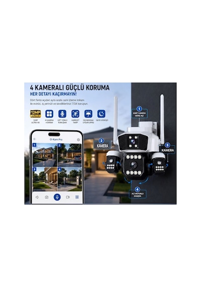 O-kam Ok-206w Wifi 12mp 4 Lens Aov Sirenli Gece Görüş Sesli Akıllı Güvenlik Kamerası Kişi Takibi Adaptör li