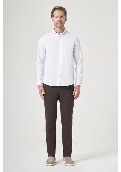 İmza Beyaz Düğmeli Yaka Oxford Slim Fit Pamuklu Gömlek 1004265284