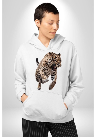 Jaguar Sırtından Çıkan Kadın Erkek Beyaz Kapüşonlu Sweatshirt Hoodie Beyaz