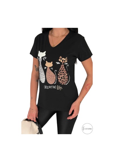 Cassime Kadın Siyah V Yaka 3 Kedi Pul Payet İşlemeli %100 Pamuk Büyük Beden Tişört Xl-2xl-3xl Cassime Kadın Siyah V Yaka 3 Kedi Pul Payet İşlemeli %100 Pamuk Büyük Beden Tişört Xl-2xl-3xl