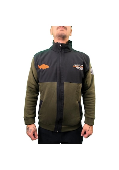 Oslo Fisherman Balık Nakışlı Fermuarlı Sweatshirt Haki - Siyah