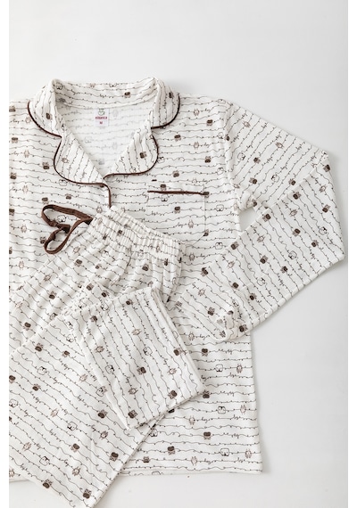 Nisanca Uzun Kol Gömlek Yaka Kadın Pinterest Pijama Takımı - Mevsimlik Kadın Pijama- Geniş Beden Aralığı Kahve