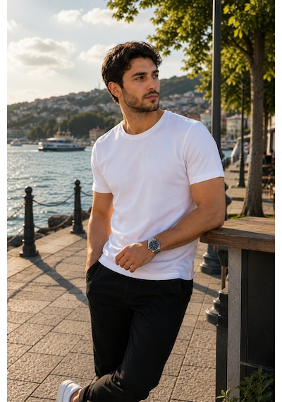Luxıc Core Erkek Slim Fit Beyaz Bisiklet Yaka Pamuk Penye Günlük Rahat Basic Tişört