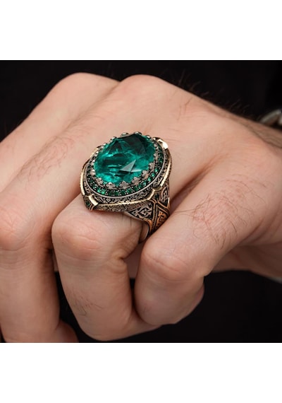 Yeşil Paraiba Taşlı Zorbey 925 Gümüş Erkek Yüzük