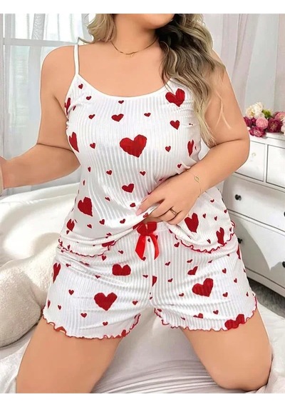 Veraura Lifestyle Büyük Beden Desen Pamuklu Şortlu Pijama Takımı Beyaz