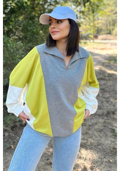 WeShaya Kadın Gri Polo Yaka, Uzun Yarasa Kol, Lastikli Manşet, Asimetrik Color Block, Salaş Sweatshirt Bluz Gri