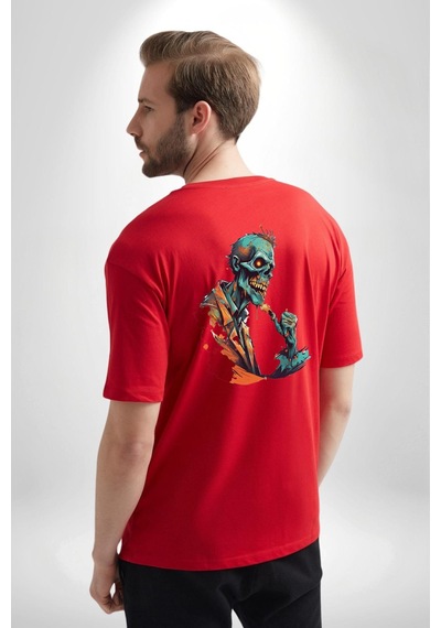 Zombi İskelet Kendine Yumruk Kırmızı Oversize Unisex Ön Ve Sırt Baskılı Tişört Kırmızı