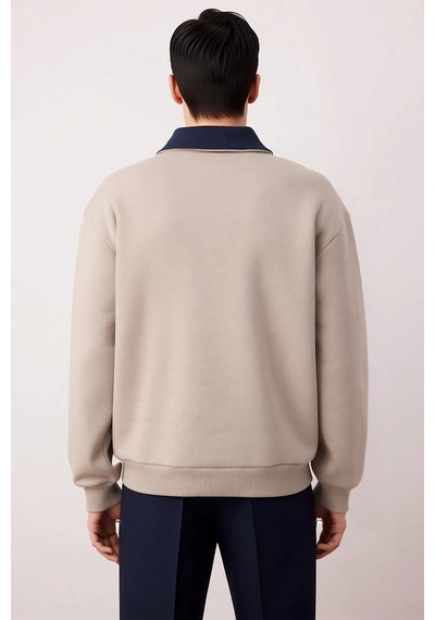 Benerly Erkek Fermuarlı Dik Yaka Düşük Kol Nakışlı Sweatshirt Fonksiyonel Gri