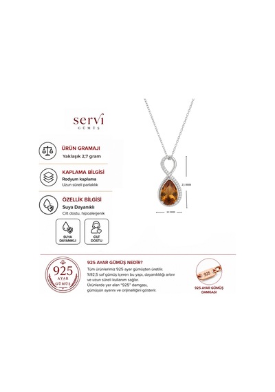 Servi 925 Ayar Gümüş Amber Damla Taşlı Sonsuzluk Kolye-307