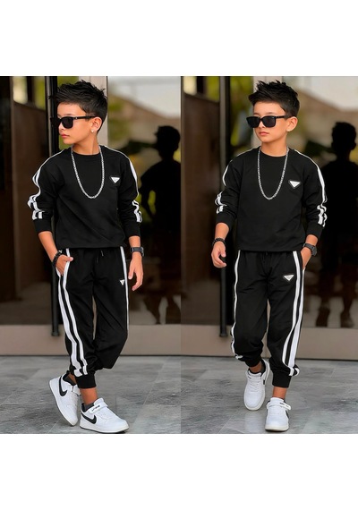 Erkek Çocuk 2 Parça Eşofman Takımı Sweatshirt Ve Pantolon Spor Şık Takım 60335-s Siyah