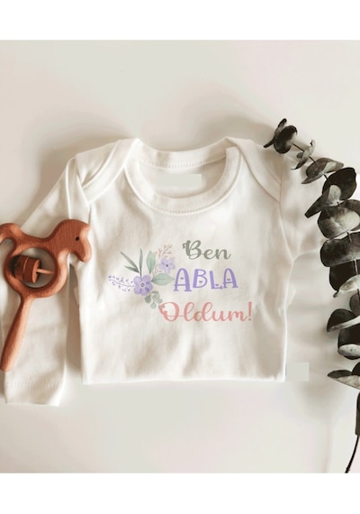 İmaj Tuğbababy Ben Abla Oldum Uzun Kol Çıtçıtlı Organik Bebek Body Beyaz