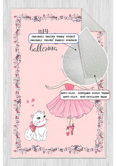 Pembe Balerin Desenli Baskılı Yıkanabilir Kaymaz Kız Çocuk Odası Anaokulu Kreş Halısı