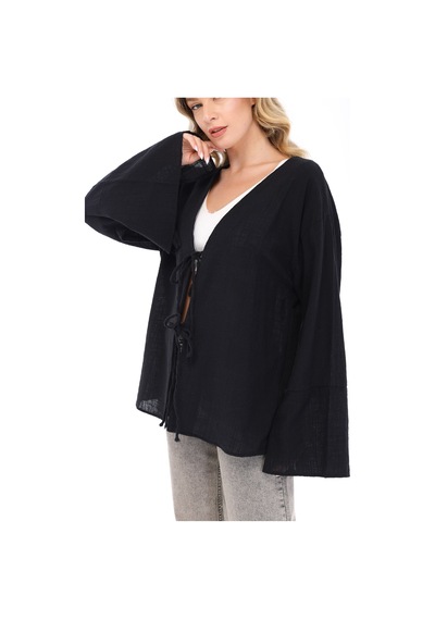 Blayn Jeans Blayn Kadın Keten Kimono Oversize Rahat Kalıp Yazlık Uzun Kollu Kimono Siyah