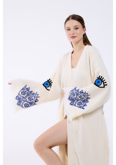 Befera Müslin Kimono Pamuklu Etnik Göz Baskılı Desenli Bornoz Kaftan Sabahlık Ekru