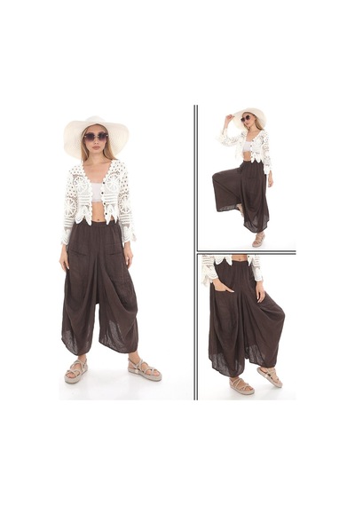 Bohem Stil İtalyan Cepli Keten Şalvar Pantolon Cmn00154 Kahverengi