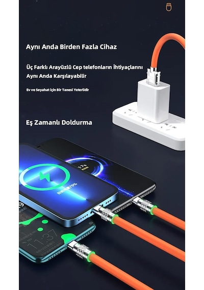 Zhltools 3 İn 1 Usb To Type-c - Micro Usb - Lightning 120w Hızlı Şarj Kablosu 1.2 Metre Turuncu