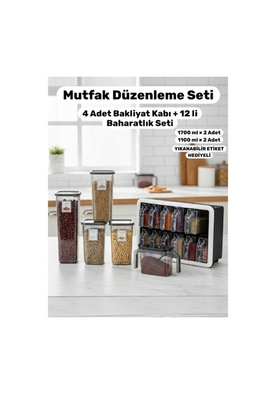 21 Parça Mutfak Düzenleme Seti 4'lü Erzak Saklama Kabı&12'li Standlı Kaşıklı Duvara Monte Baharatlık - 771548594 Diğer