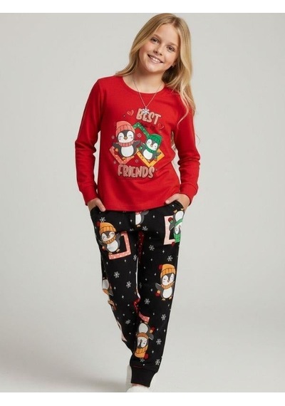 Kız Çocuk Pamuklu Best Friends Penguen Baskılı Pijama Takımı-16822 Kırmızı