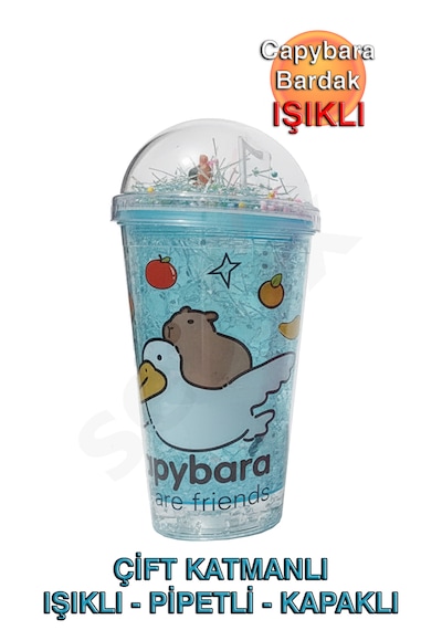 H2o Capybara Çift Cidarlı, Işıklı, Pipetli, Kapaklı Bardak Mavi