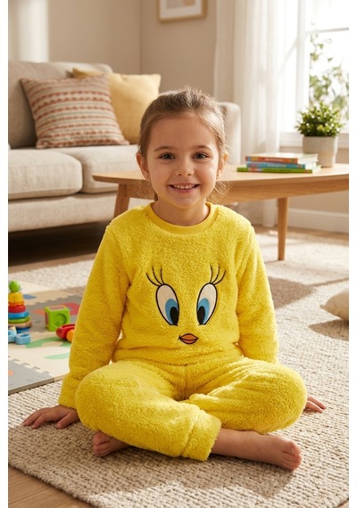 Beniizle Nakışlı Unisex Çocuk Peluş Alt Üst Takım Sarı
