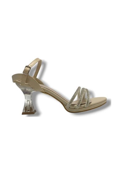 Erbay 84-25 Deri Taşlı Şeffaf Topuk Anatomik Kadın Sandalet Krem