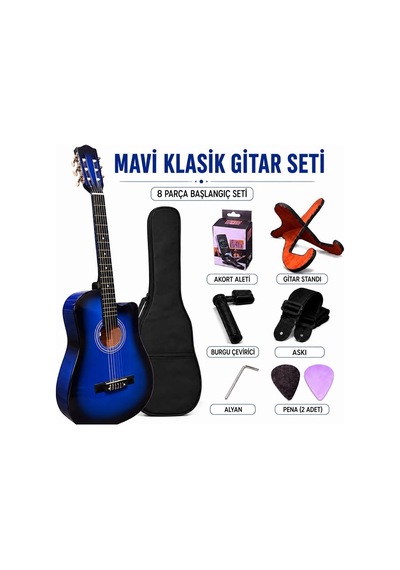 Kesik Kasa Mavi Klasik Gitar Seti 8 Parça Full Set