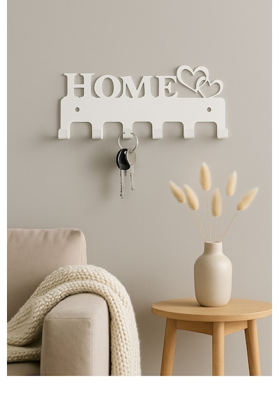 Lunoart Home Yazılı Kalpli Metal Anahtarlık Askısı Duvar Tipi Anahtar Organizer Beyaz