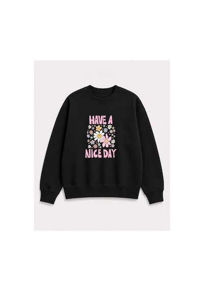 Herkesemoda Emoji Çiçekler Baskılı 2 İplik Şardonlu Bisiklet Yaka Sweatshirt Siyah