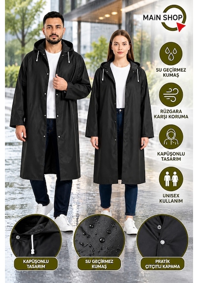 Mainshop Unisex Yağmurluk Kapüşonlu Çıtçıtlı Su Geçirmez Uzun Yağmurluk Kadın Erkek Siyah