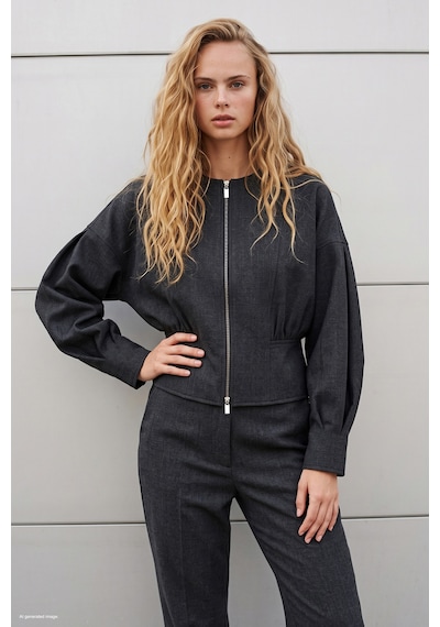 Sateen Fermuarlı Ceket - Antrasit-137997