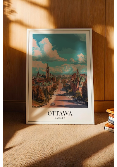 Ottawa Canada Vintage Seyahat Posteri Çerçeveli Tablo - Premium Kanada Şehir Elit Duvar Dekoru Beyaz