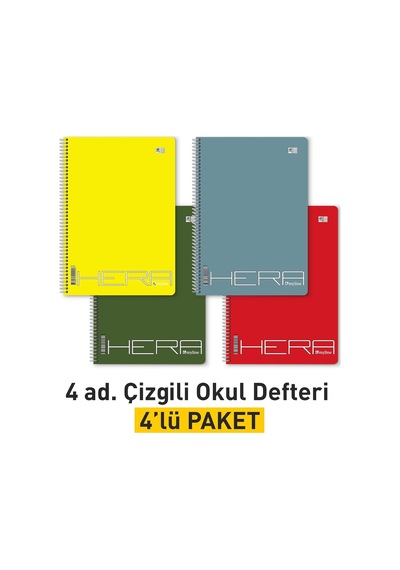 A4 Okul Defteri 144 Sayfa 72 Yaprak Spiralli, 4'lü Paket Çizgili Standart