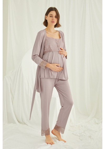 Burdagel Monamise Kadın Vizon Hamile Lohusa Sabahlıklı Pijama Takım 18441