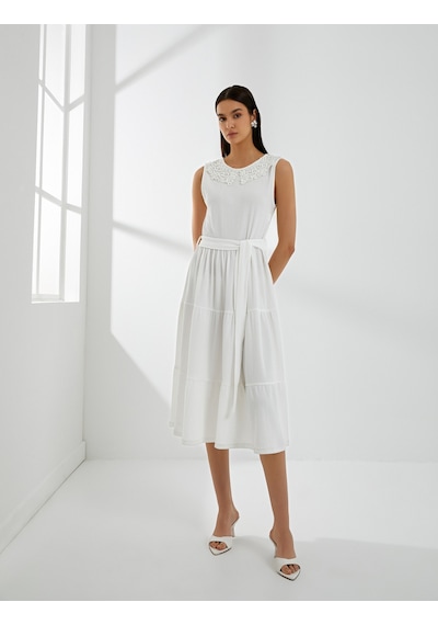 Koton Midi Elbise Yakası Dantelli Kolsuz Beli Kuşaklı Kırık Beyaz 4sak80019uk Ekru Koton Midi Elbise Yakası Dantelli Kolsuz Beli Kuşaklı Kırık Beyaz 4sak80019uk Ekru