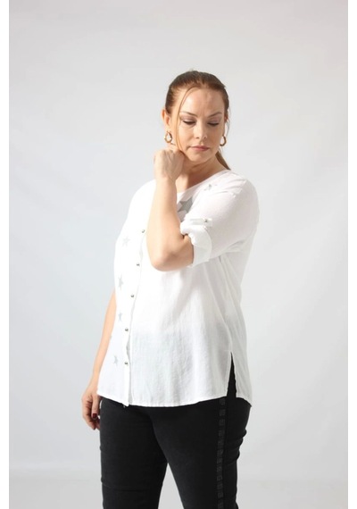 Moda Berray 3294 Beyaz Yıldız Baskılı Organik Keten Kumaş Mevsimlik Gömlek Beyaz