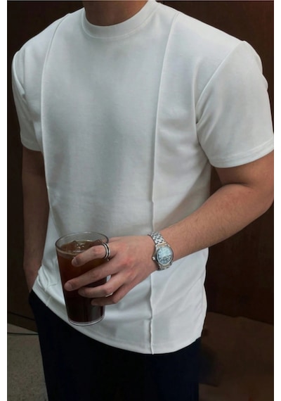 Erkek Çizgi Detaylı Slim Fit Tişört Bisiklet Yaka Casual Pamuklu T-shirt Beyaz