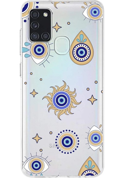 Samsung Galaxy A21s İle Uyumlu 1mm Slim Fit Nazar Boncuğu 5 Baskılı Şeffaf Kılıf