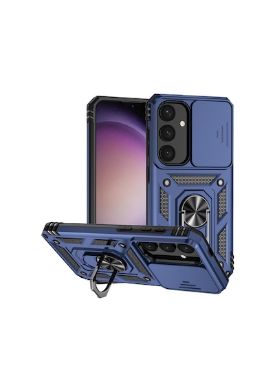 Samsung Galaxy S25 Plus Uyumlu Kamera Sürgülü Tank Kılıf Ve Temperli Cam Ekran Koruyucu Set Lacivert