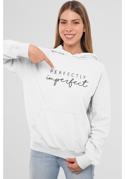 Nevermind Kadın Kapüşonlu Sweatshirt Perfectly Imperfect Yazılı Oversize Beyaz