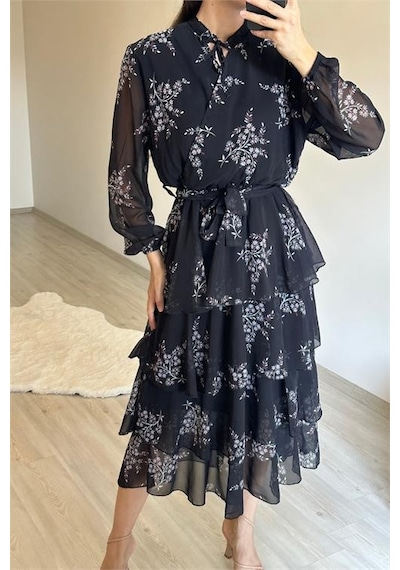 Neşeli Butik Kadın Çiçek Desenli Kat Kat Volanlı Şifon Elbise Nm014 Siyah