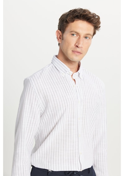 AC&Co / Altınyıldız Classics Erkek Grı %100 Pamuk Slim Fit Dar Kesim Düğmeli Gömlek Yaka Armürlü Gömlek Gri