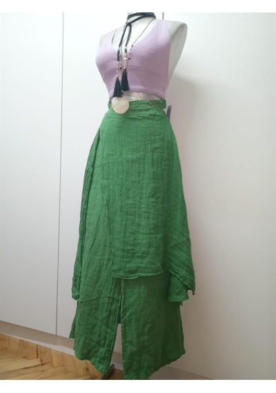Bohem Stil İtalyan Ham Keten Pantolon Etek-8747 Yeşil