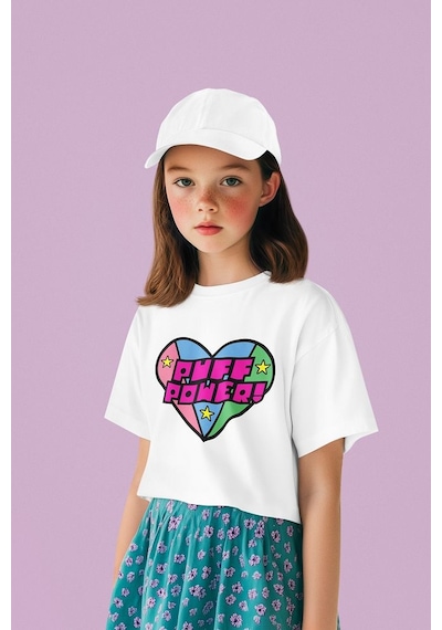 Sevbano Puff Power Yazılı Power Puff Girls Baskılı Unisex Çizgi Film Çocu Beyaz